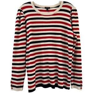 Talbots Womens Size X Red White French Stripe Puff Sleeve Crewneck Sweat…